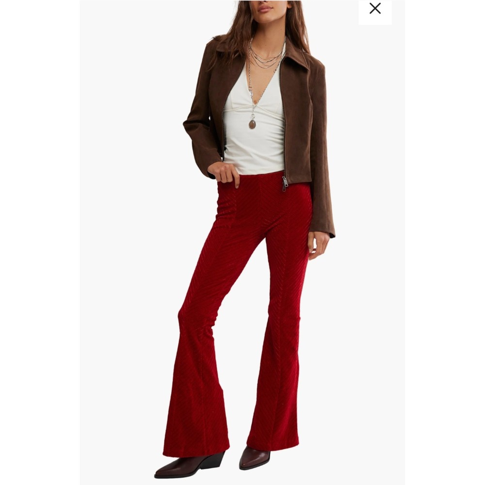 Free People Pants Womens Large Red High Waist Velour Flare Pull On Lounge Boho‎